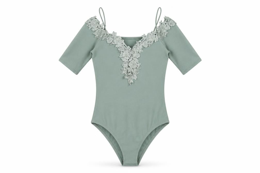 Front view of Topshop women’s green polyester bodysuit one-piece, size UK 6, snap