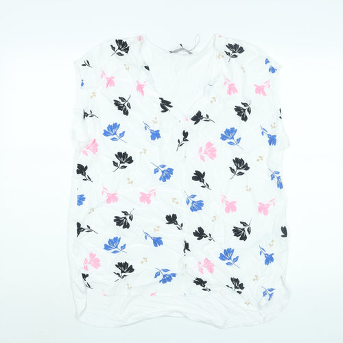 Marks and Spencer Womens White Viscose Basic Blouse Size 14 V-Neck - Floral Print