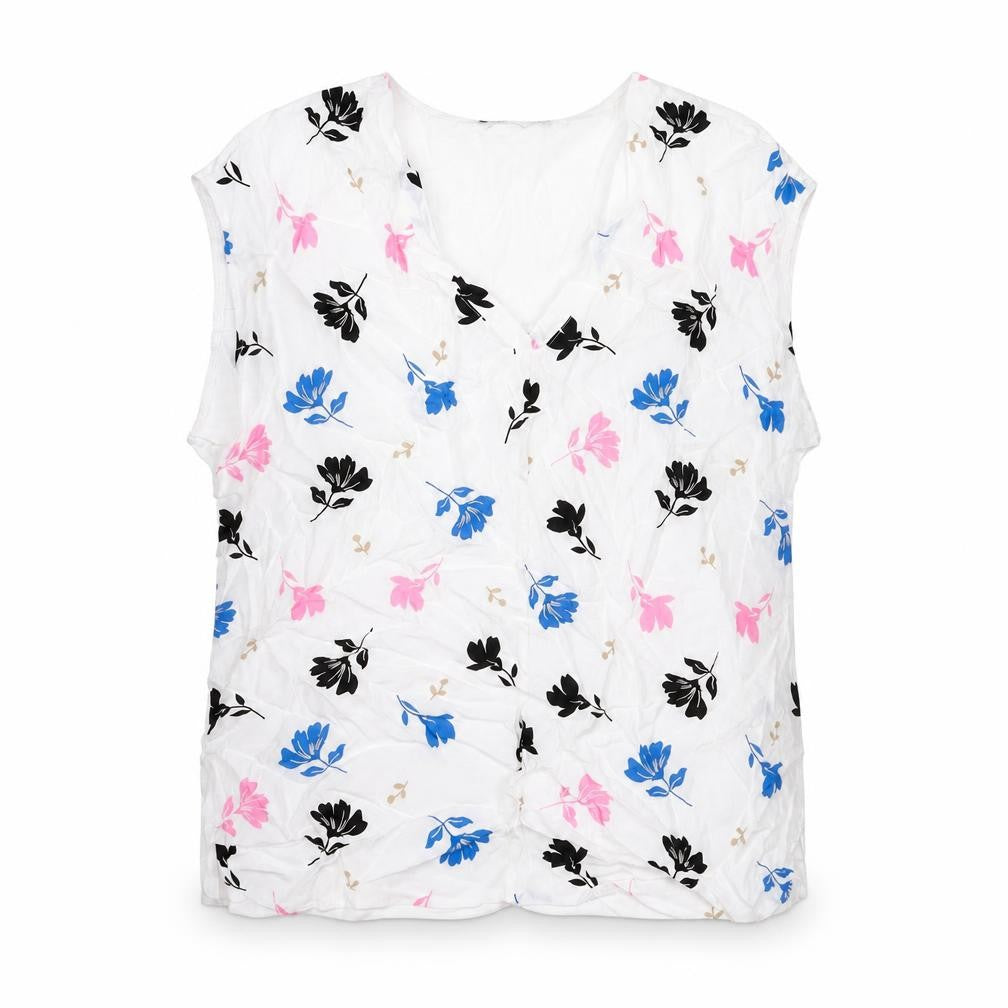 Front view of Marks & Spencer women’s white viscose basic blouse, size UK 14, v-neck - floral print