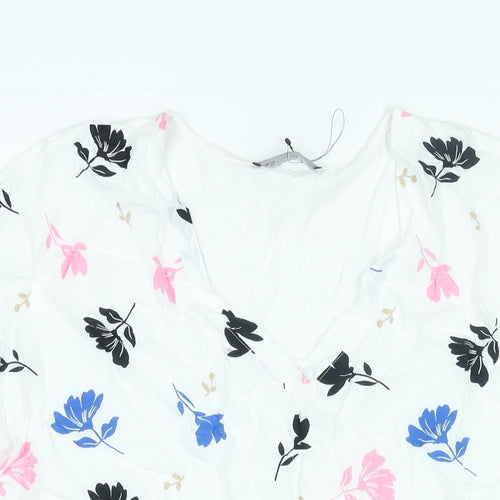 Marks and Spencer Womens White Viscose Basic Blouse Size 14 V-Neck - Floral Print
