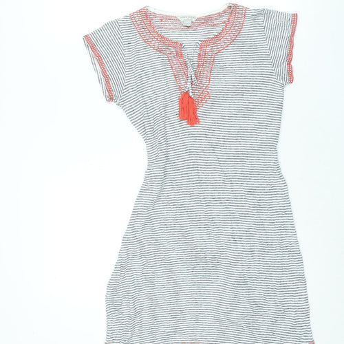 Monsoon Womens White Striped Linen Shift Size 10 V-Neck Pullover - Embroidered Detail Tassle