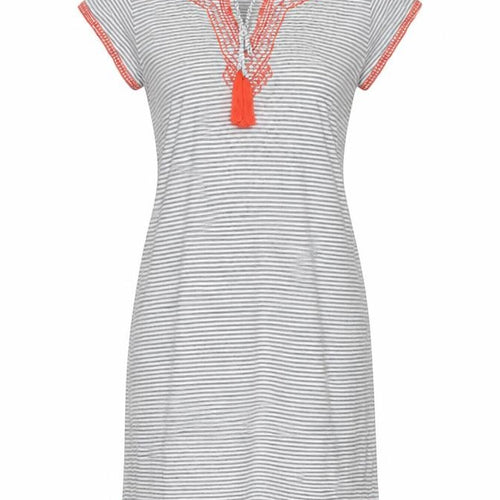Monsoon Womens White Striped Linen Shift Size 10 V-Neck Pullover - Embroidered Detail Tassle