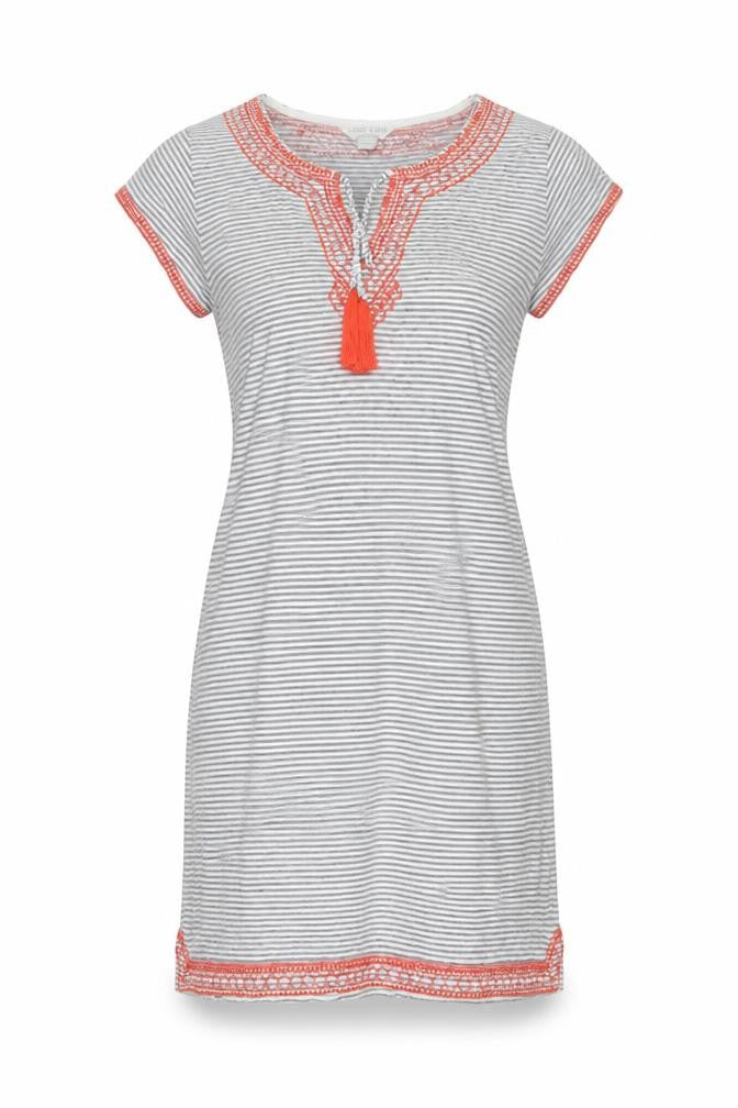 Monsoon Womens White Striped Linen Shift Size 10 V-Neck Pullover - Embroidered Detail Tassle