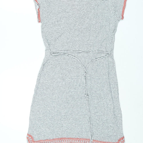 Monsoon Womens White Striped Linen Shift Size 10 V-Neck Pullover - Embroidered Detail Tassle