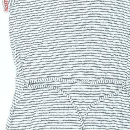 Monsoon Womens White Striped Linen Shift Size 10 V-Neck Pullover - Embroidered Detail Tassle