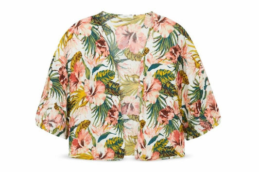 Front view of Next women’s multicoloured floral viscose kimono blouse, size L, v-neck