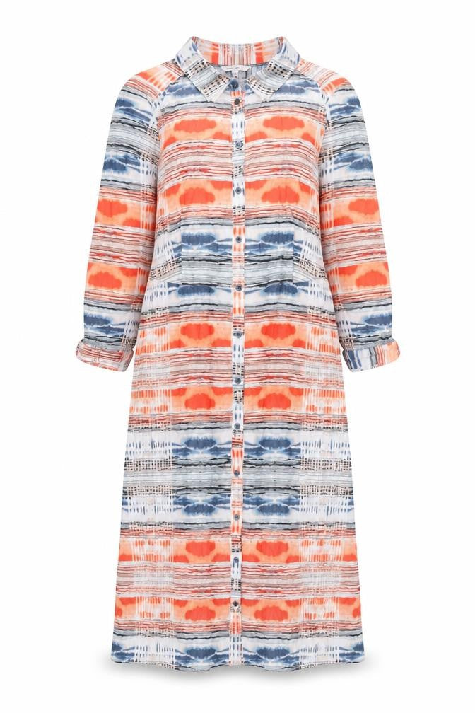 Front view of Sandwich women’s multicoloured geometric viscose shirt dress, size UK 14, collared button