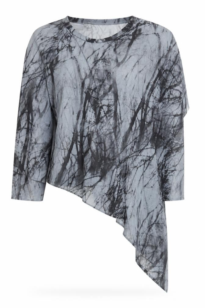 Front view of A Postcard From Brighton women’s blue geometric polyester basic blouse, round neck - asymmetric