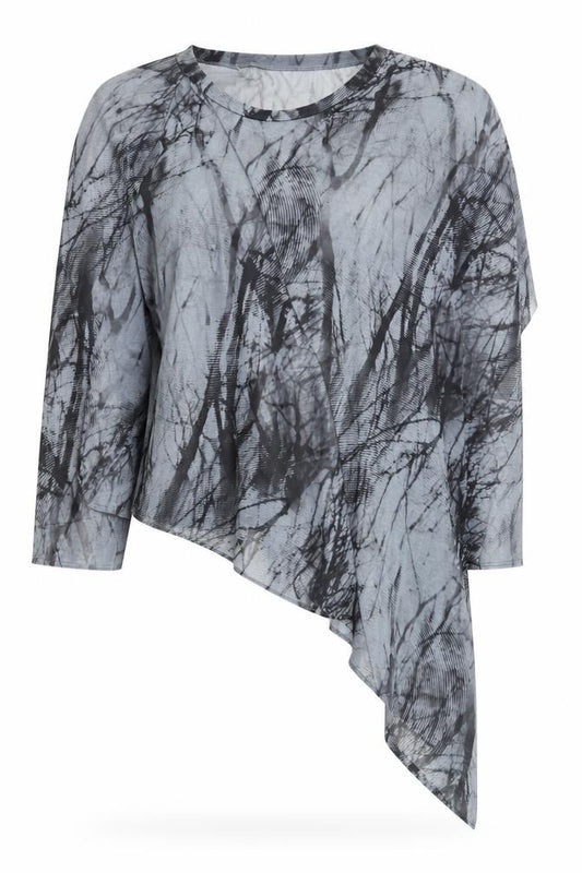 Front view of A Postcard From Brighton women’s blue geometric polyester basic blouse, round neck - asymmetric