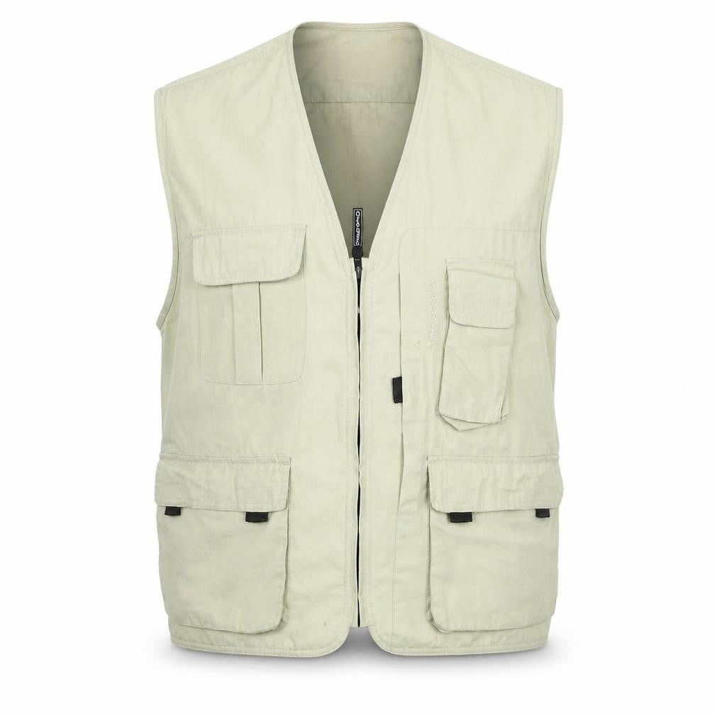 Front view of Quechua men’s beige jacket waistcoat, size XL, zip - pocket