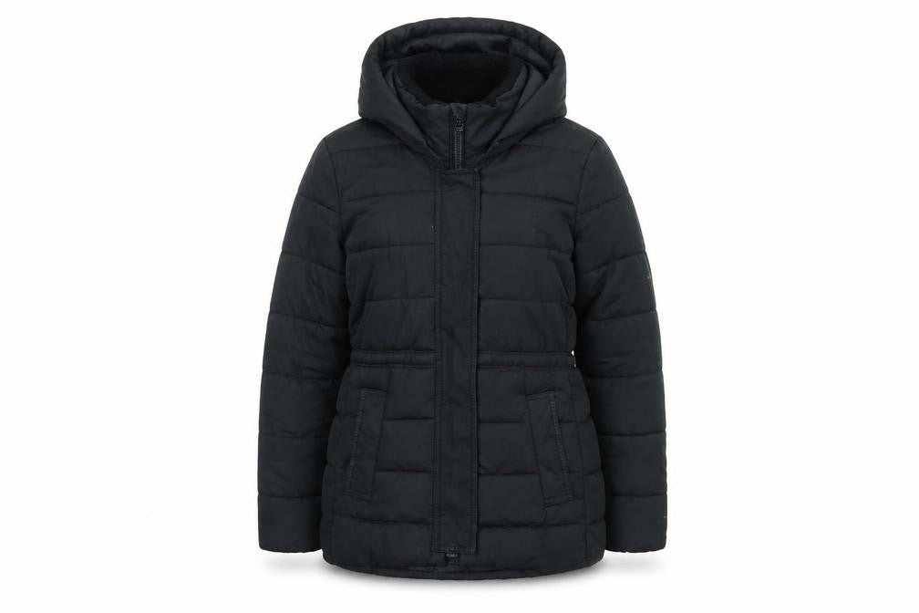 Front view of Gap women’s black quilted coat, size XS, zip