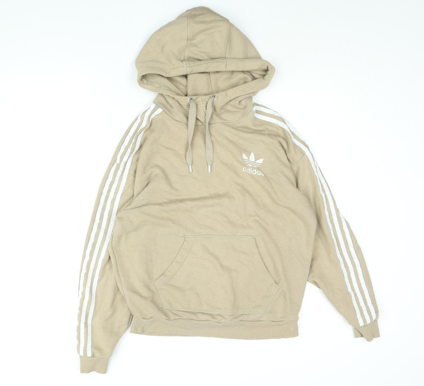 adidas Womens Beige Cotton Pullover Hoodie Size 10 Pullover - Three Stripe Sleeve Logo