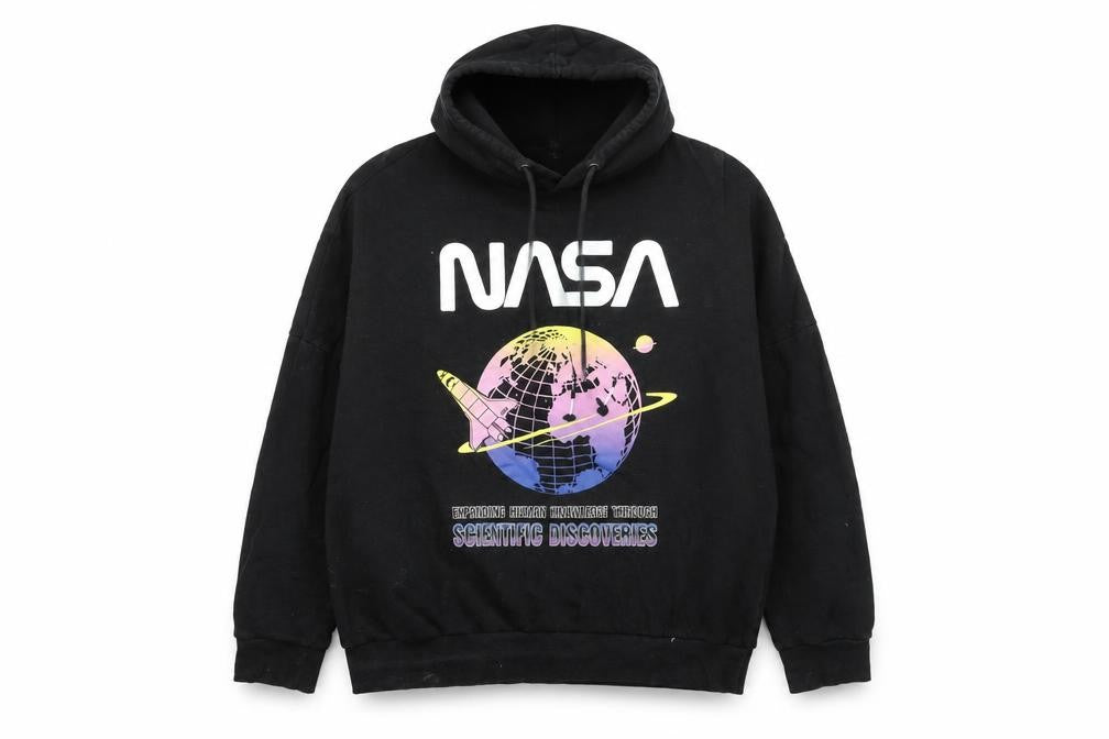 Front view of Divided by H&M women’s black cotton pullover hoodie, size M, pullover - nasa planet