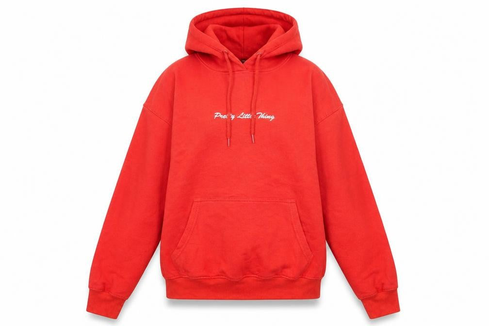 Front view of PRETTYLITTLETHING women’s red cotton pullover hoodie, size S, pullover - embroidered logo
