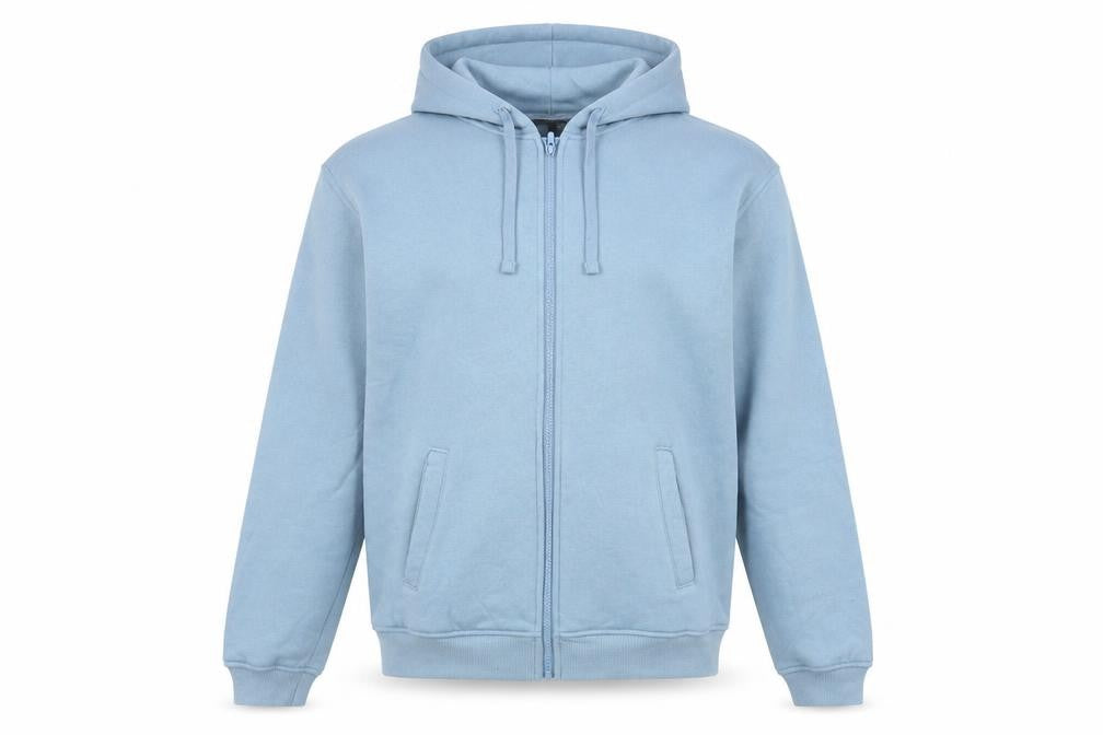Front view of H&M men’s blue polyester full zip hoodie, size S