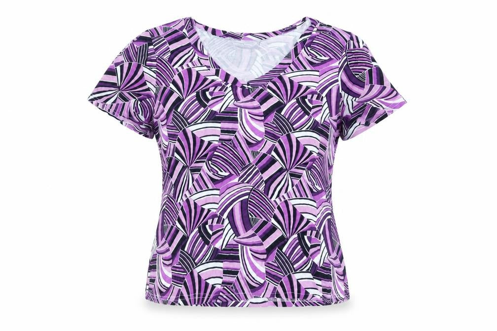 Front view of Autonomy women’s orange geometric viscose basic blouse, size UK 18, v-neck