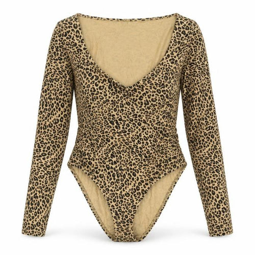 New Look Womens Brown Animal Print Polyester Bodysuit One-Piece Size 14 Snap - Leopard Print