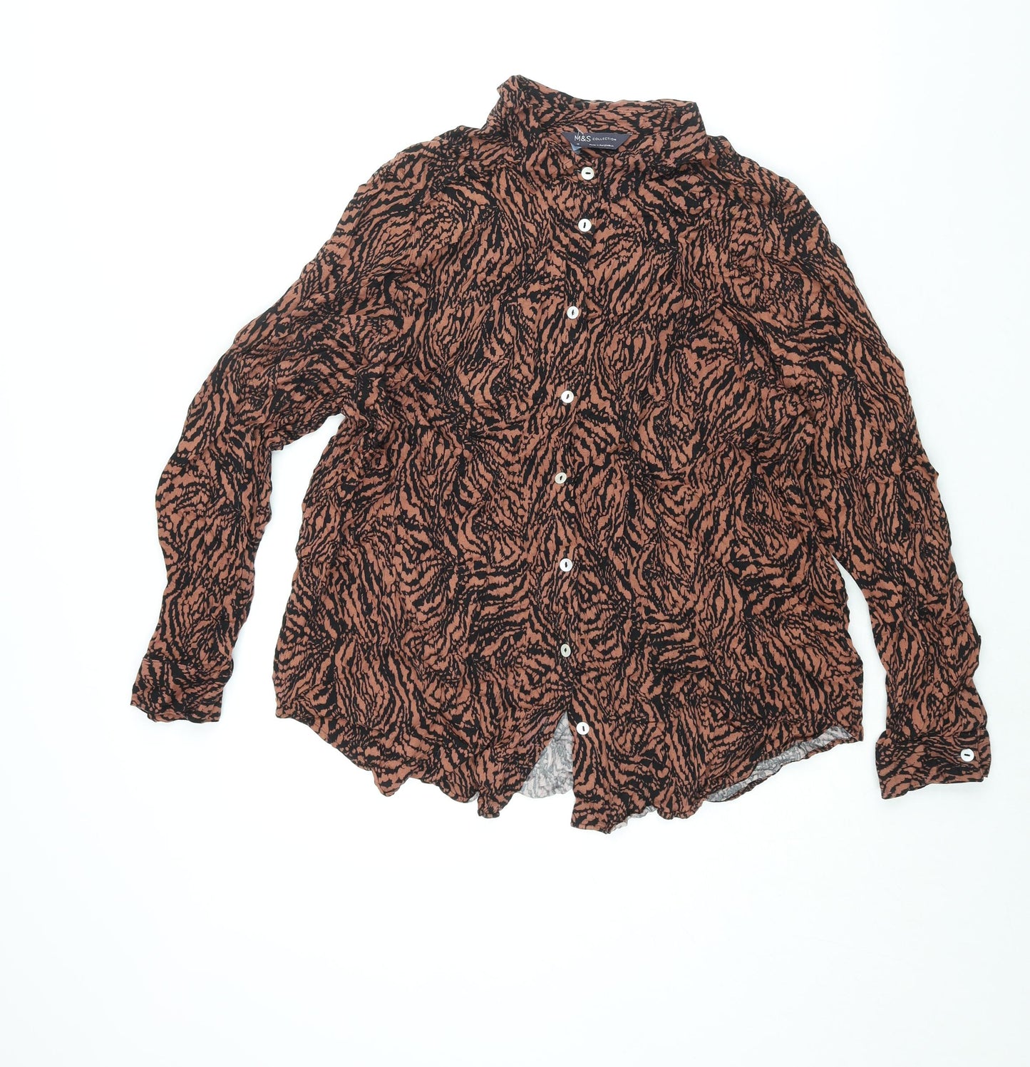 Marks and Spencer Womens Brown Geometric Viscose Basic Button-Up Size 18 Collared