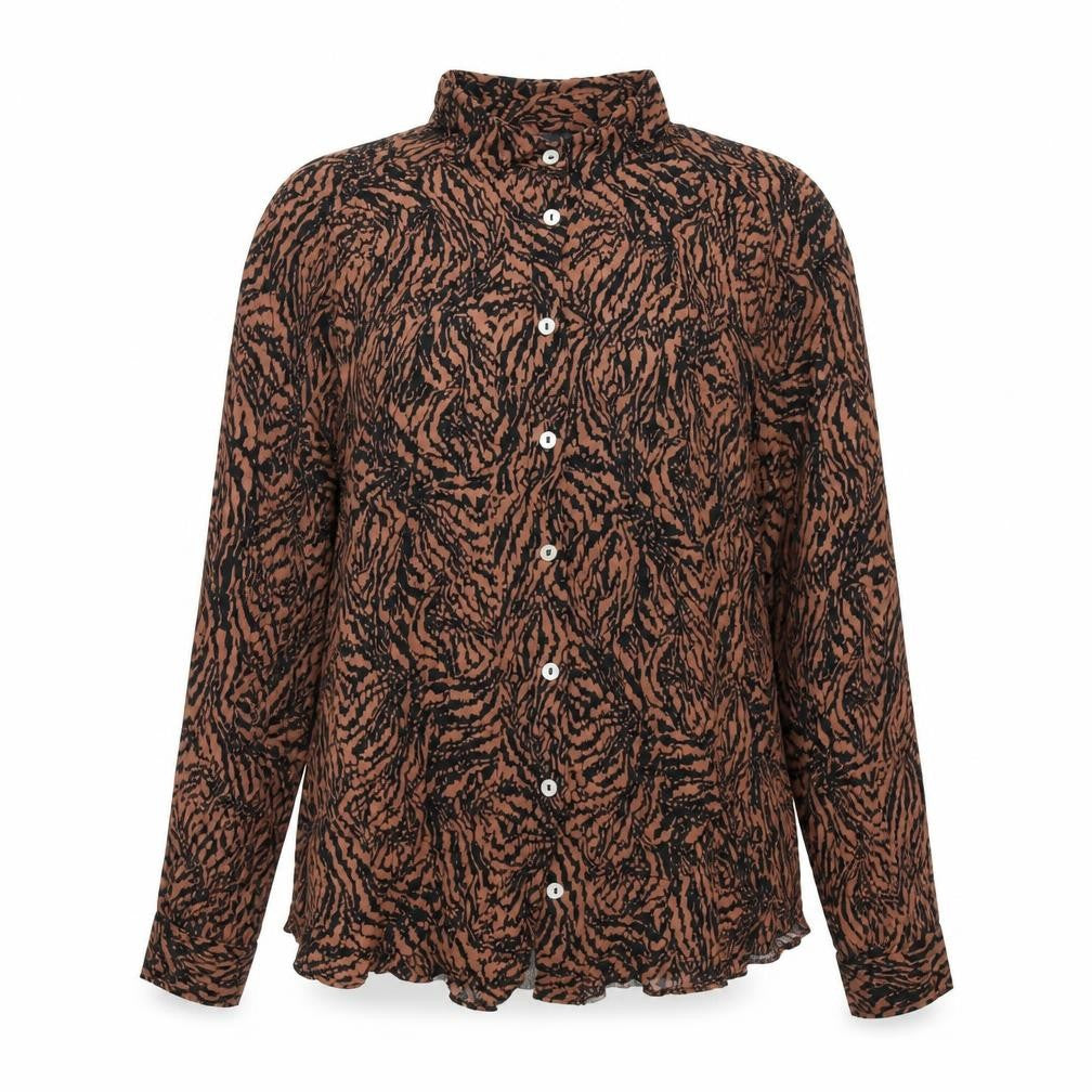 Front view of Marks & Spencer women’s brown geometric viscose basic button-up, size UK 18, collared