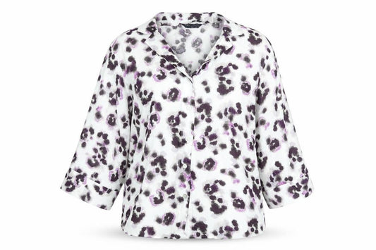 Front view of Marks & Spencer women’s multicoloured geometric viscose basic blouse, size UK 12, collared