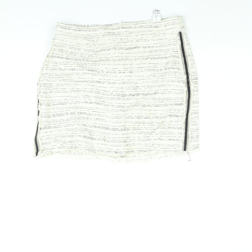 Zara Womens Ivory Geometric Cotton Mini Skirt Size L Zip - Raw Edge