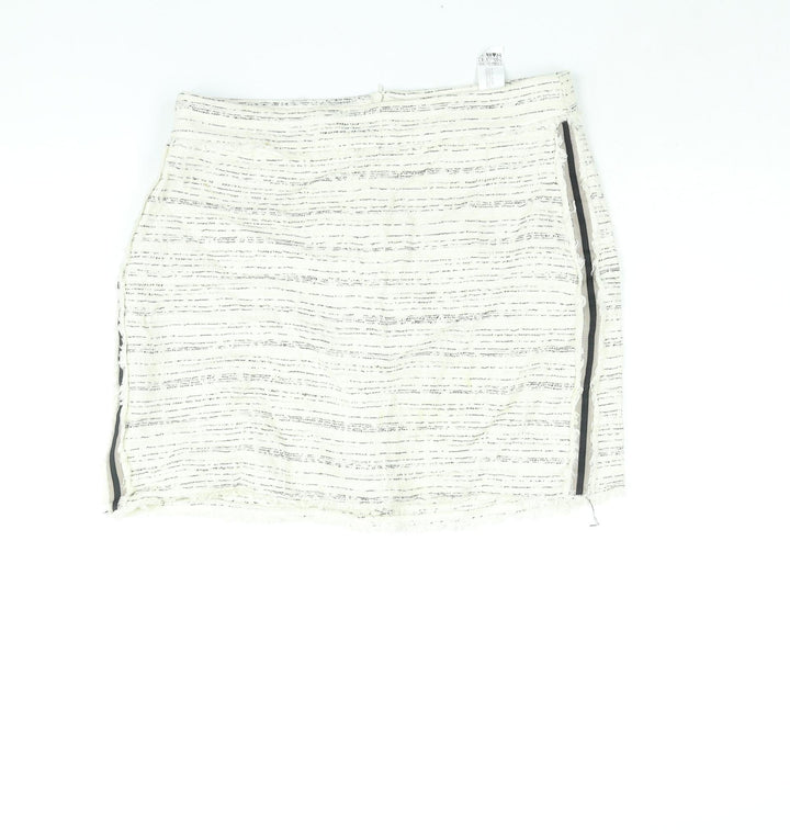 Zara Womens Ivory Geometric Cotton Mini Skirt Size L Zip - Raw Edge