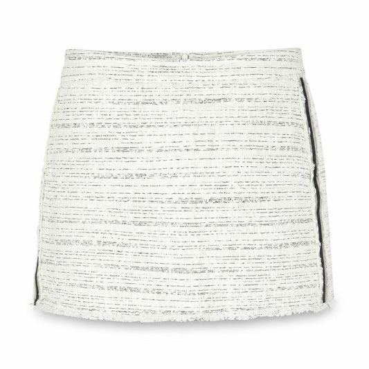 Front view of Zara women’s ivory geometric cotton mini skirt, size L, zip - raw edge