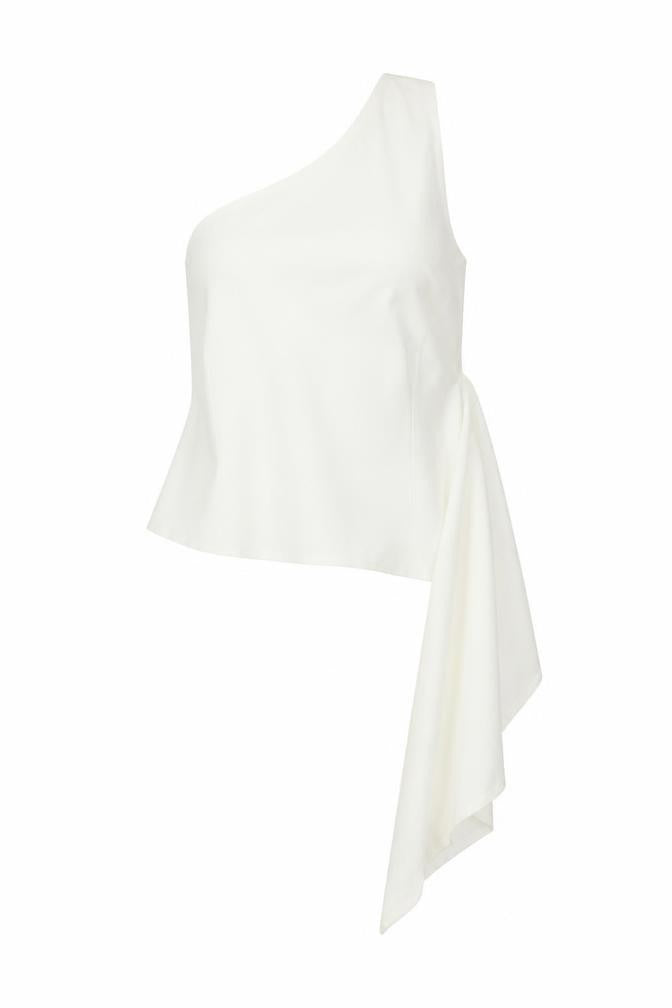 Front view of Zara women’s white polyester basic blouse, size S, one shoulder - asymmetric hem