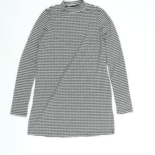 Miss Selfridge Womens Black Check Polyester Tunic Blouse Size 6 Mock Neck - Side Slits