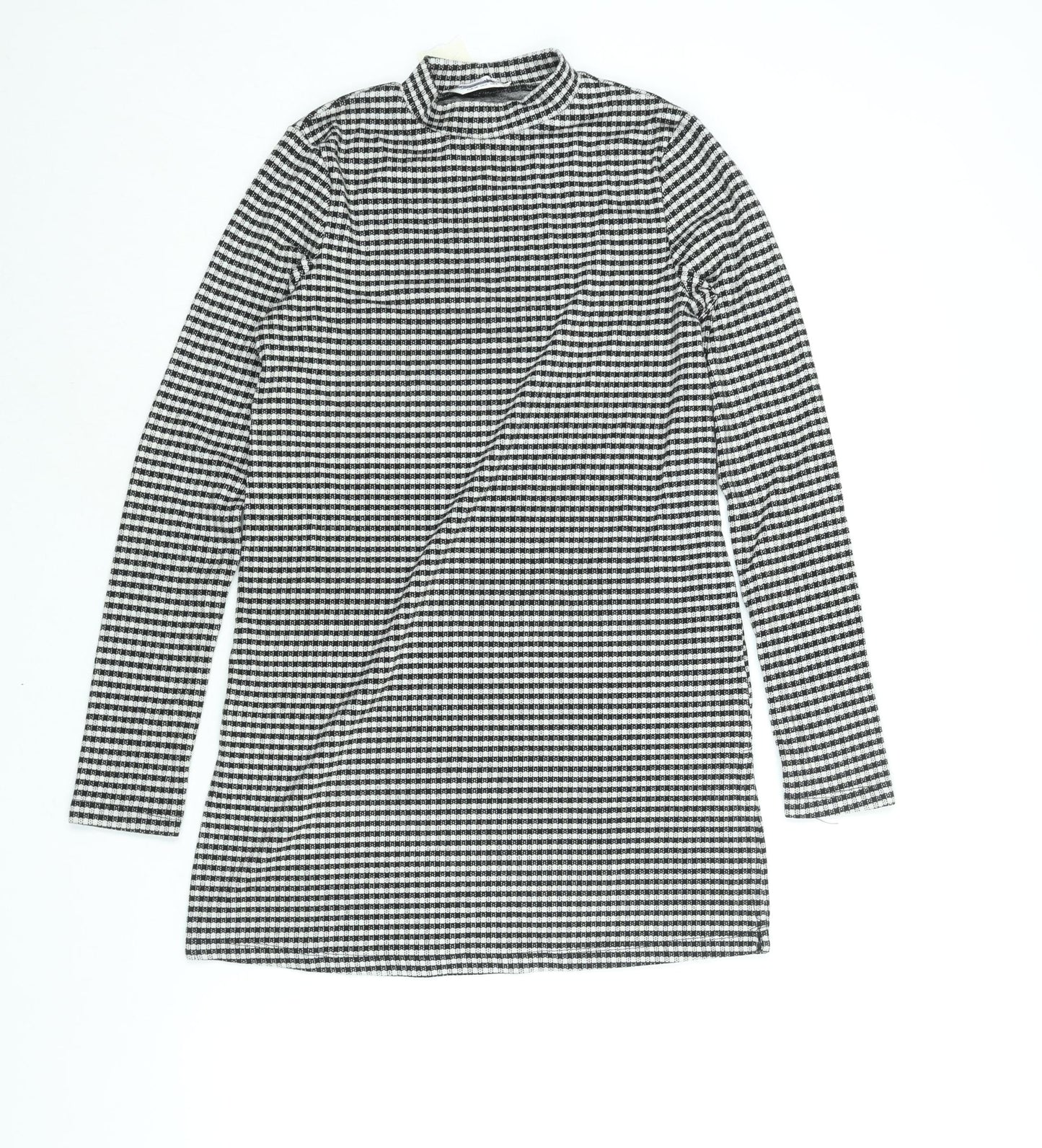 Miss Selfridge Womens Black Check Polyester Tunic Blouse Size 6 Mock Neck - Side Slits