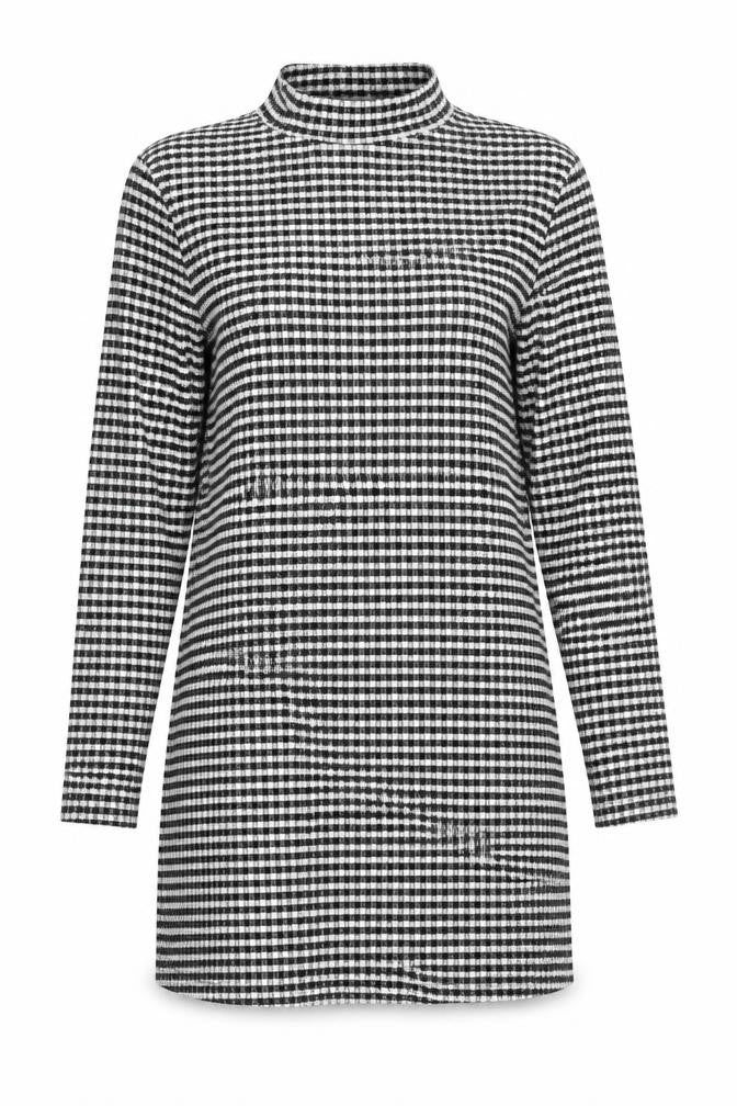 Front view of Miss Selfridge women’s black check polyester tunic blouse, size UK 6, mock neck - side slits