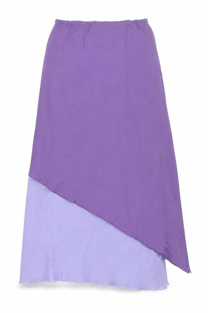 Front view of Dorothy Perkins women’s purple polyester maxi skirt, size UK 14, - layered
