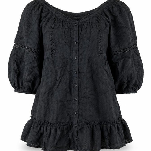 New Look Womens Black Cotton A-Line Size 8 Scoop Neck Button - Smocked