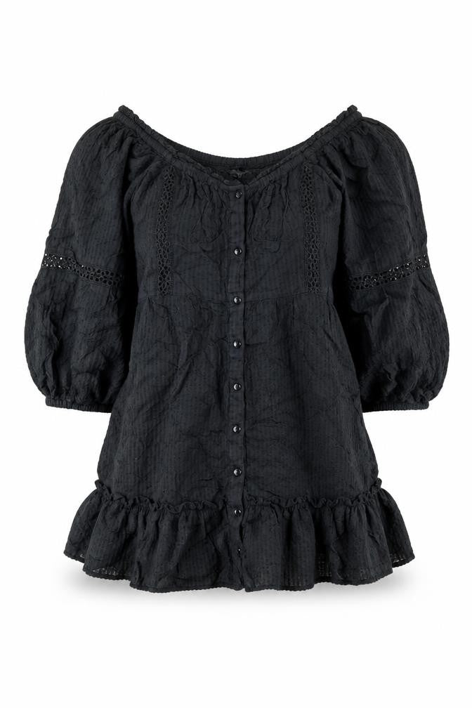New Look Womens Black Cotton A-Line Size 8 Scoop Neck Button - Smocked