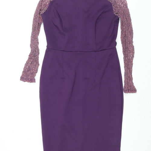 Dorothy Perkins Womens Purple Polyester Bodycon Size 10 Round Neck Button - Lace Sleeve