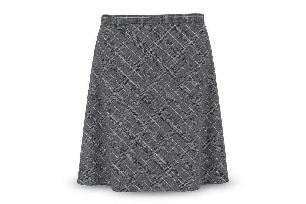 Front view of Bonmarché women’s grey check polyester a-line skirt, size UK 20