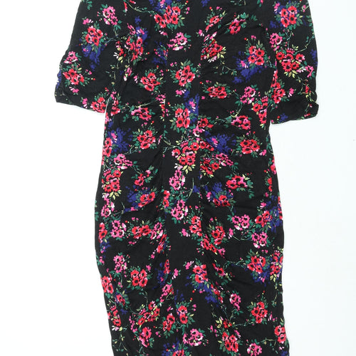 Oasis Womens Black Floral Viscose Bodycon Size M Round Neck Pullover - Rouched