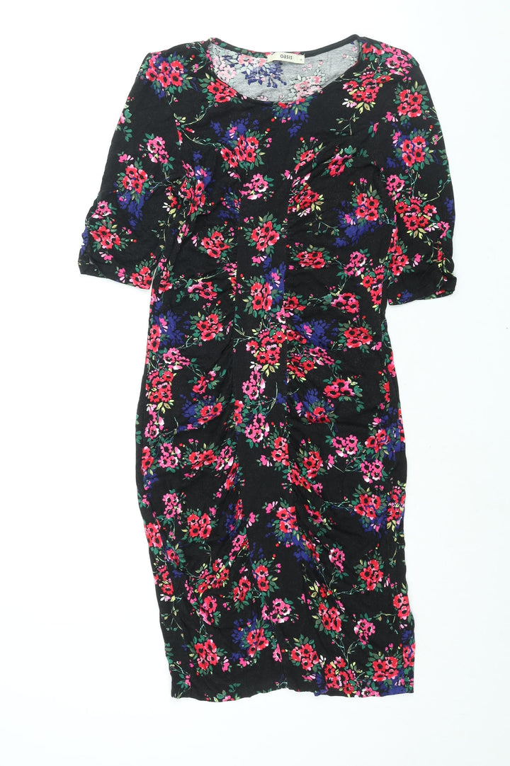 Oasis Womens Black Floral Viscose Bodycon Size M Round Neck Pullover - Rouched