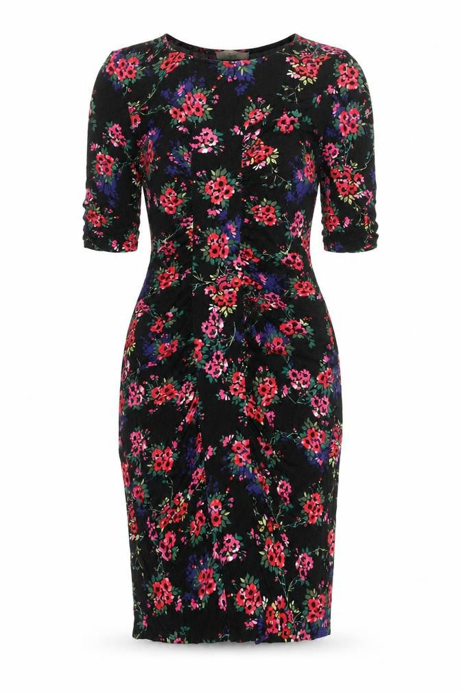 Front view of Oasis women’s black floral viscose bodycon, size M, round neck pullover - rouched
