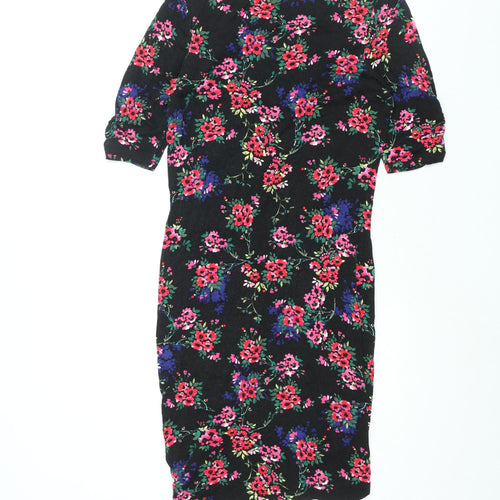 Oasis Womens Black Floral Viscose Bodycon Size M Round Neck Pullover - Rouched