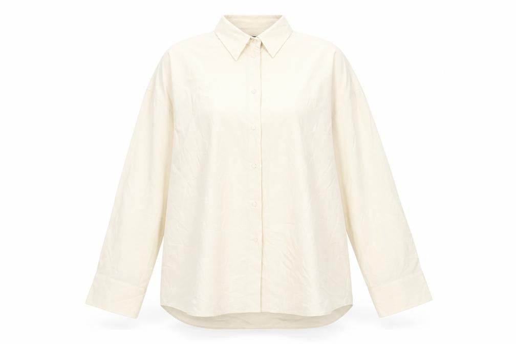 Front view of Zara women’s beige polyester basic button-up, size M, collared