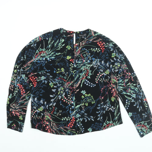 Warehouse Womens Black Floral Polyester Basic Blouse Size 8 Round Neck - Keyhole Neck