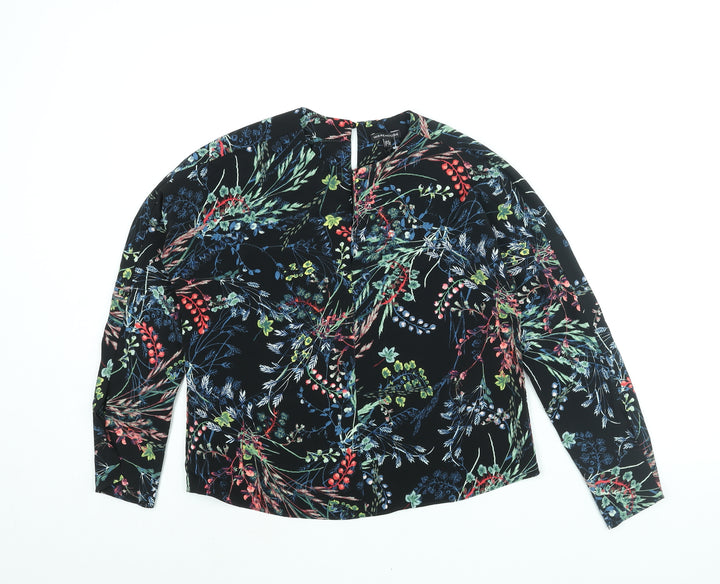 Warehouse Womens Black Floral Polyester Basic Blouse Size 8 Round Neck - Keyhole Neck