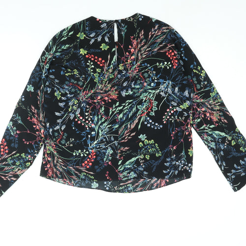 Warehouse Womens Black Floral Polyester Basic Blouse Size 8 Round Neck - Keyhole Neck