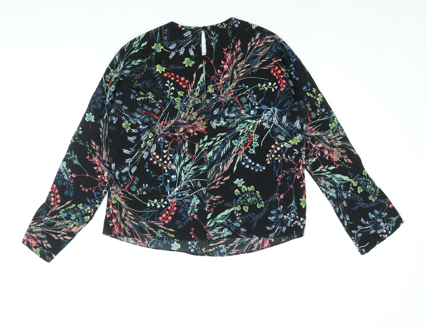 Warehouse Womens Black Floral Polyester Basic Blouse Size 8 Round Neck - Keyhole Neck