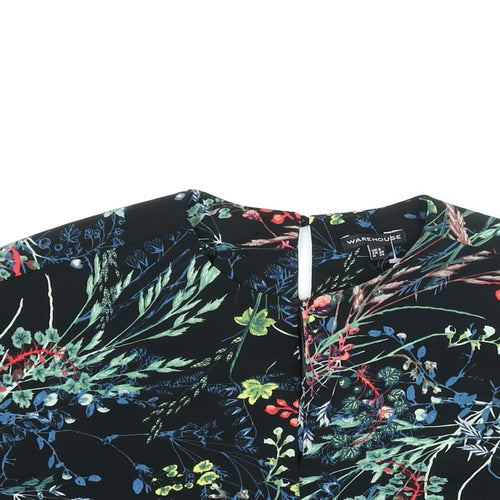 Warehouse Womens Black Floral Polyester Basic Blouse Size 8 Round Neck - Keyhole Neck