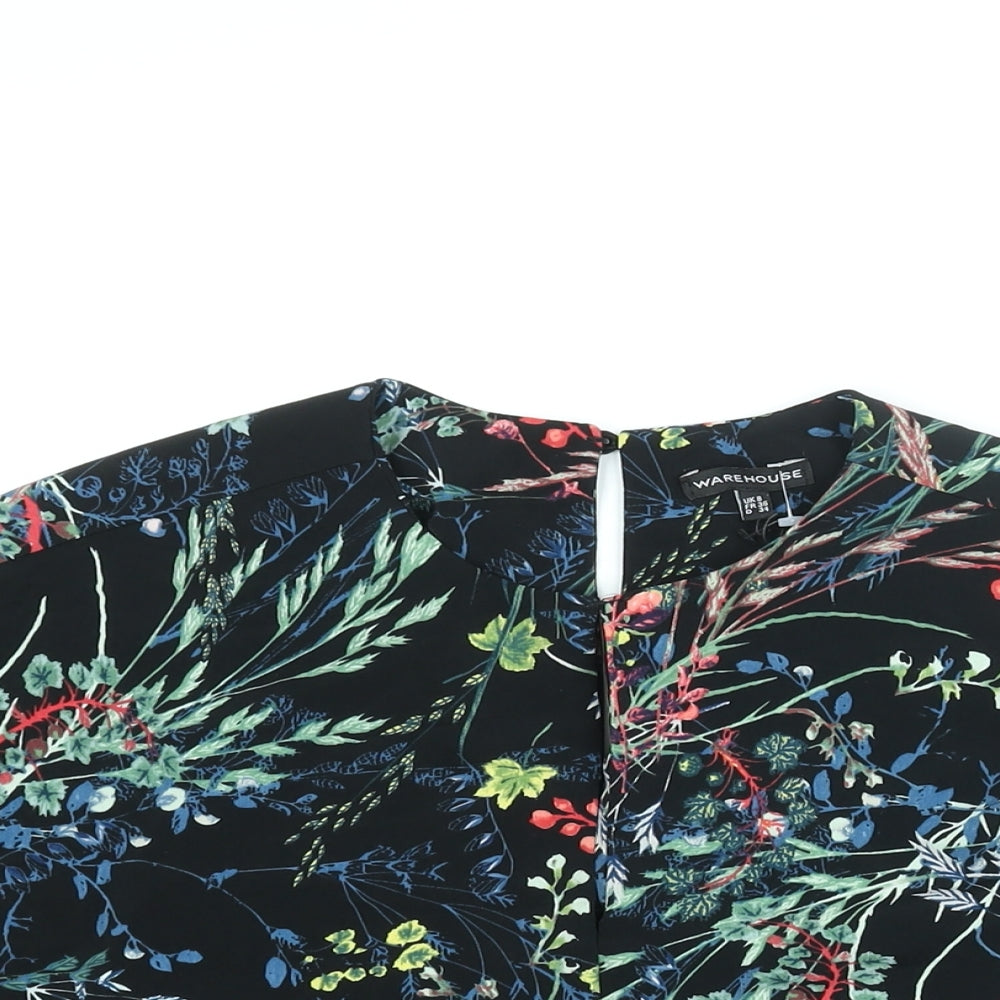 Warehouse Womens Black Floral Polyester Basic Blouse Size 8 Round Neck - Keyhole Neck
