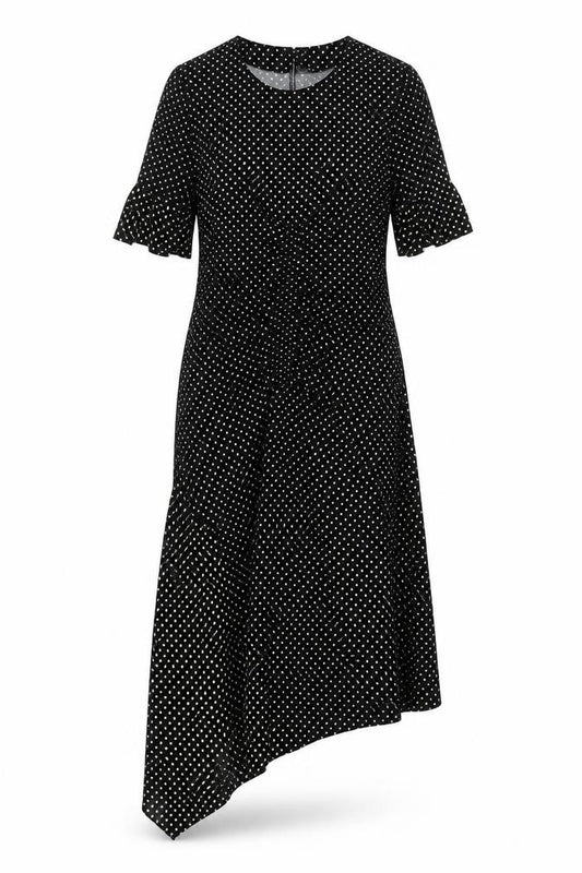 Front view of Topshop women’s black polka dot polyester shift, size UK 10, round neck pullover - rouched