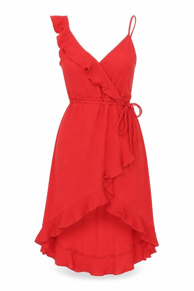 Front view of Divided by H&M women’s red polyester wrap dress, size UK 4, v-neck pullover - frill