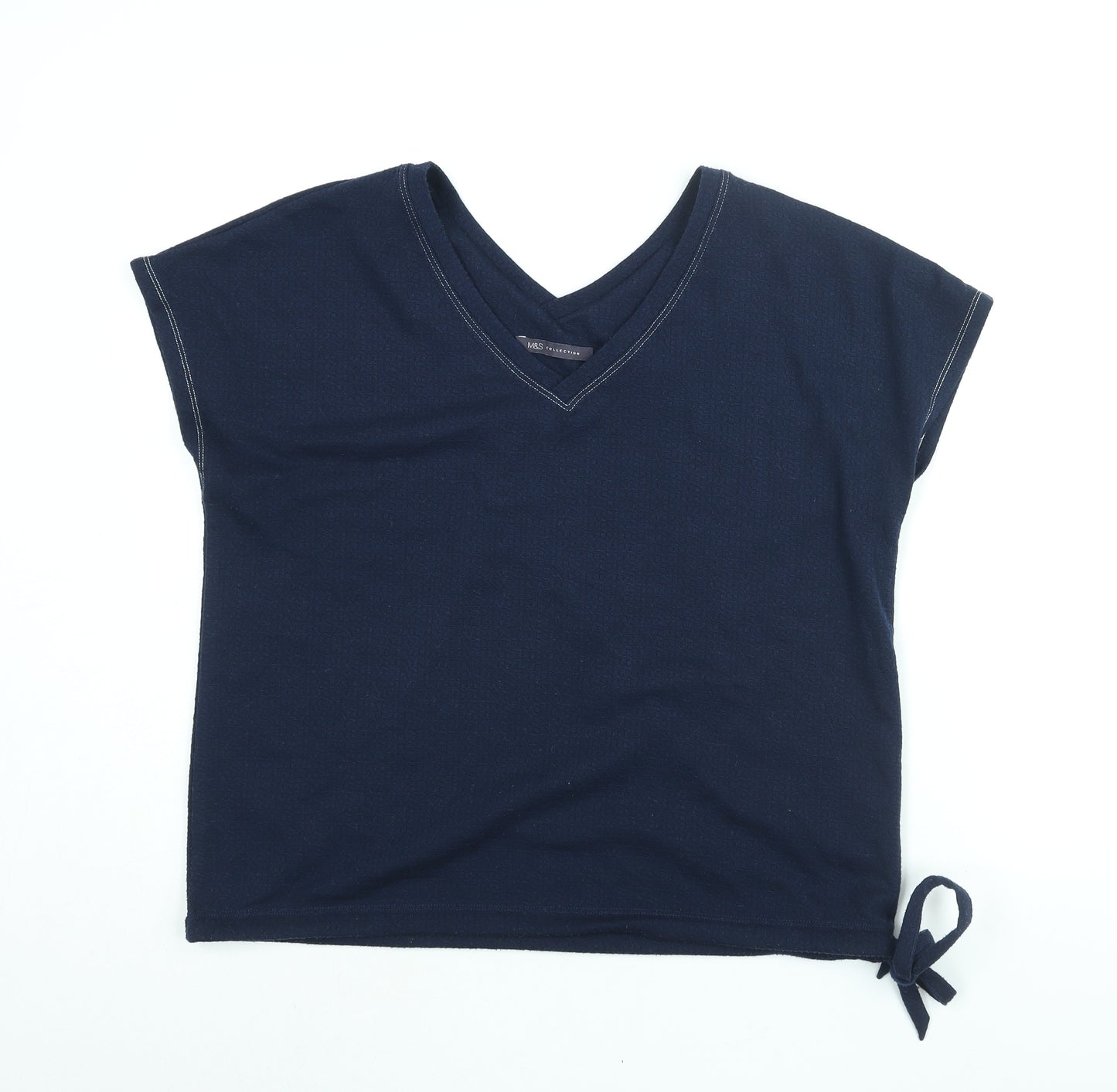 Marks and Spencer Womens Blue Polyester Basic Blouse Size 14 V-Neck - Drawstring Hem